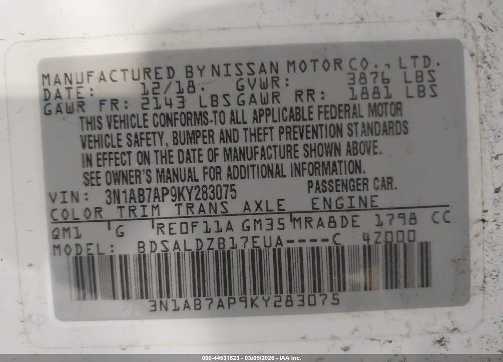 2019 NISSAN SENTRA SV VIN: 3N1AB7AP9KY283075