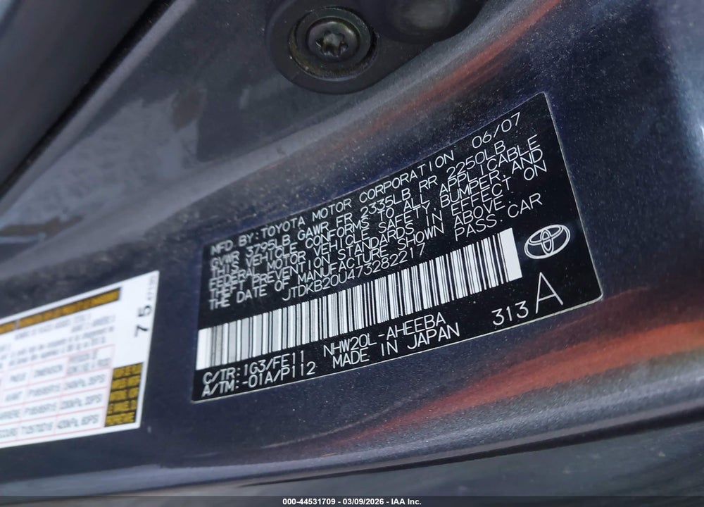 2007 TOYOTA PRIUS VIN: JTDKB20U473282217