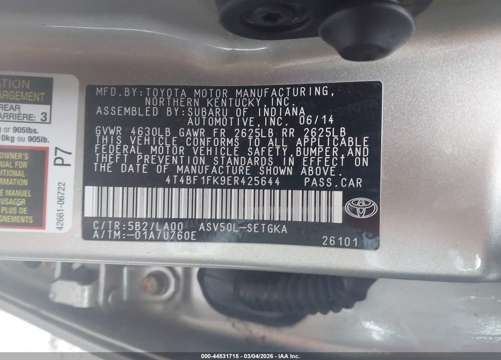 2014 TOYOTA CAMRY XLE VIN: 4T4BF1FK9ER425644