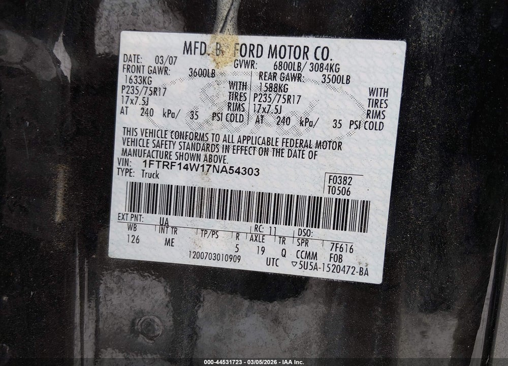 2007 FORD F-150 STX/XL/XLT VIN: 1FTRF14W17NA54303