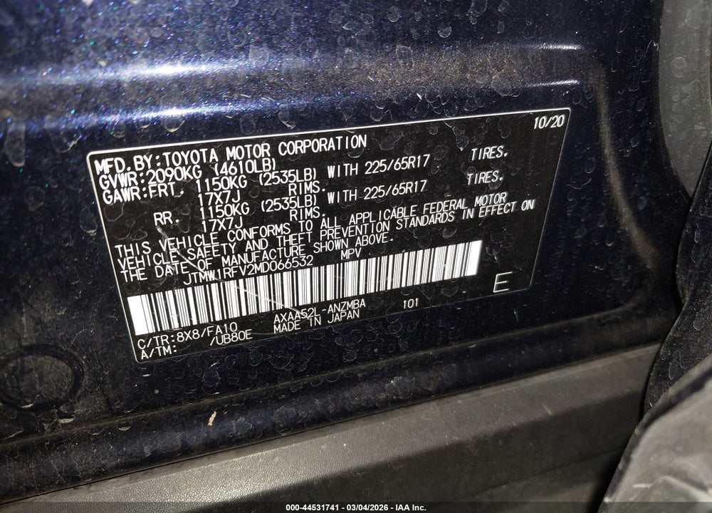 2021 TOYOTA RAV4 XLE VIN: JTMW1RFV2MD066532