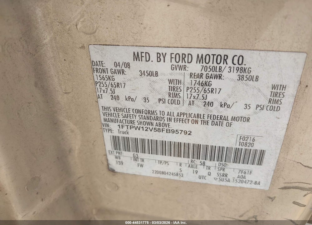 2008 FORD F-150 60TH ANNIVERSARY/FX2/KING RANCH/LARIAT/XLT VIN: 1FTPW12V58FB95792