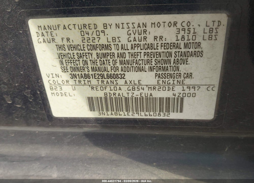 2009 NISSAN SENTRA 2.0S VIN: 3N1AB61E29L660832