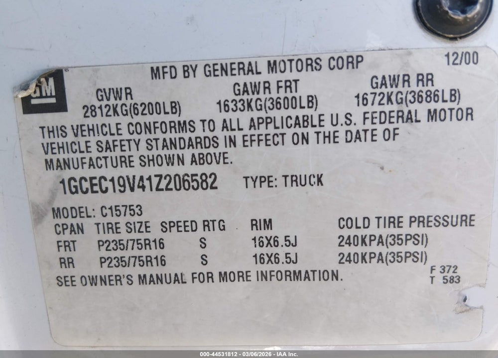 2001 CHEVROLET SILVERADO 1500 LS VIN: 1GCEC19V41Z206582