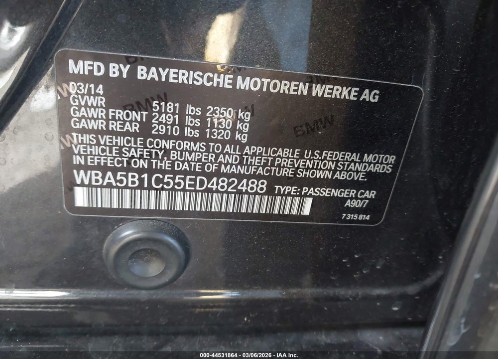 2014 BMW 535I VIN: WBA5B1C55ED482488