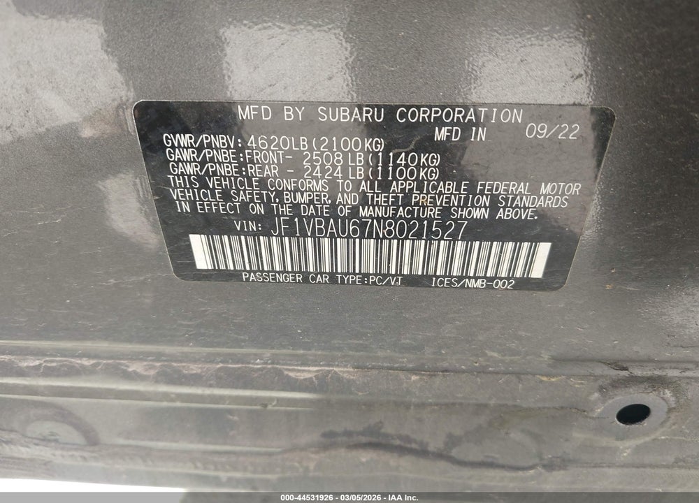 2022 SUBARU WRX GT VIN: JF1VBAU67N8021527