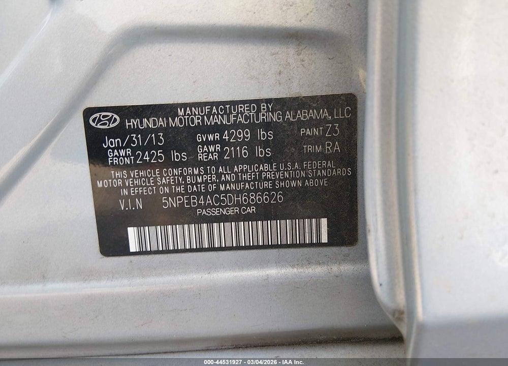 2013 HYUNDAI SONATA GLS VIN: 5NPEB4AC5DH686626