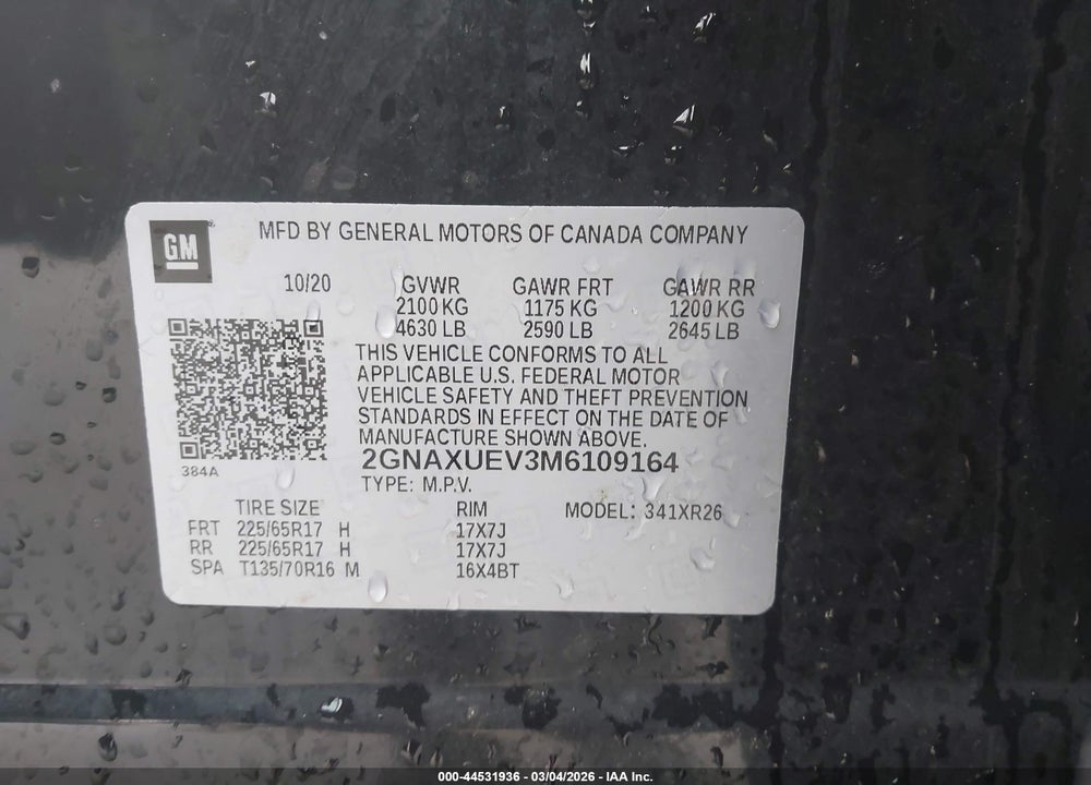 2021 CHEVROLET EQUINOX AWD LT VIN: 2GNAXUEV3M6109164