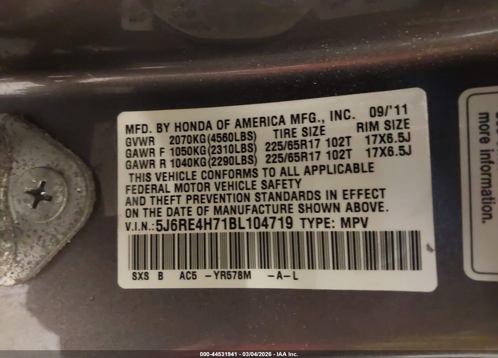 2011 HONDA CR-V EX-L VIN: 5J6RE4H71BL104719