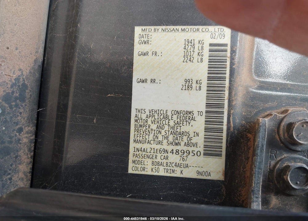 2009 NISSAN ALTIMA 2.5 S VIN: 1N4AL21E69N489950