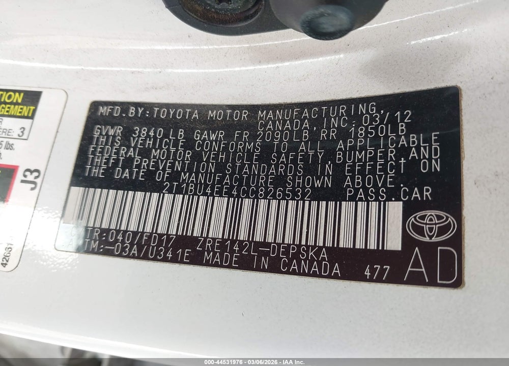 2012 TOYOTA COROLLA S VIN: 2T1BU4EE4CC826532