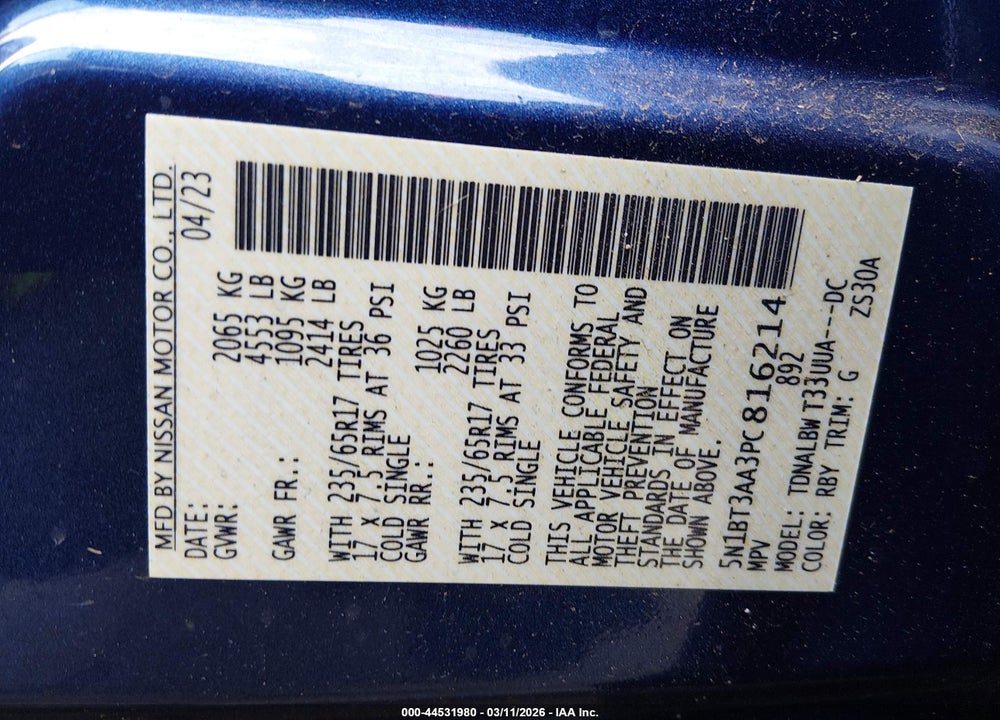 2023 NISSAN ROGUE S FWD VIN: 5N1BT3AA3PC816214