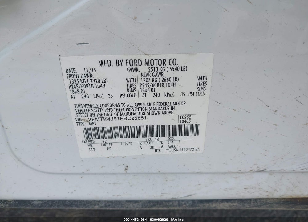 2015 FORD EDGE SEL VIN: 2FMTK4J91FBC25851