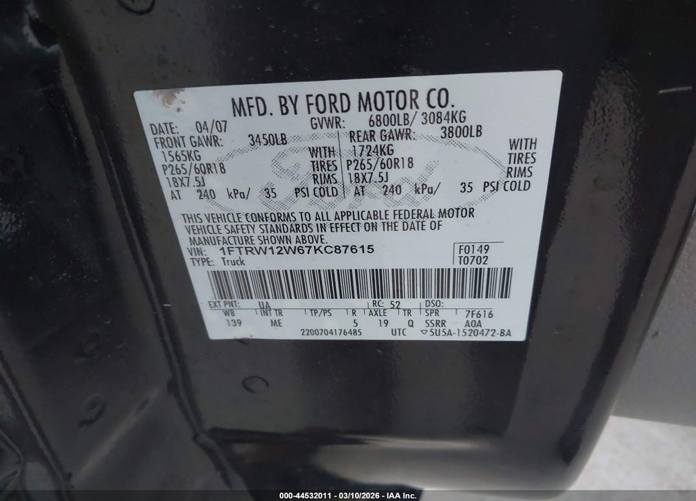 2007 FORD F-150 XLT VIN: 1FTRW12W67KC87615