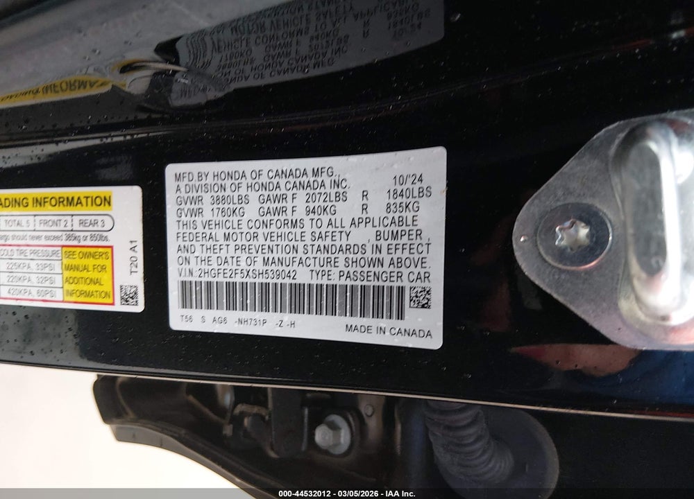 2025 HONDA CIVIC SPORT VIN: 2HGFE2F5XSH539042