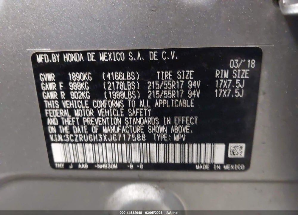2018 HONDA HR-V LX VIN: 3CZRU6H3XJG717588