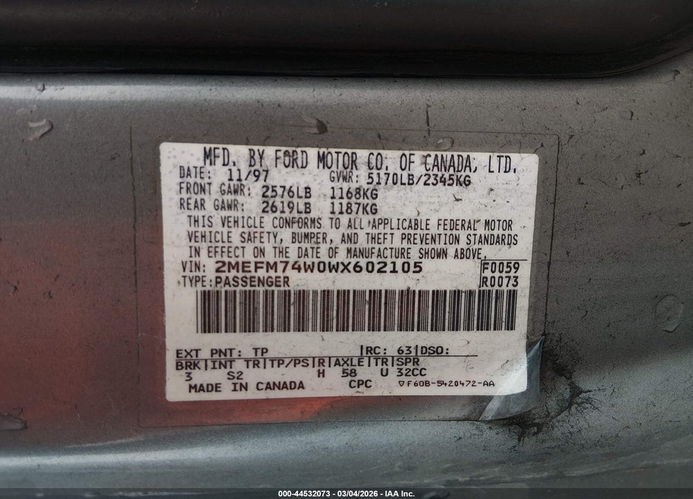 1998 MERCURY GRAND MARQUIS VIN: 2MEFM74W0WX602105