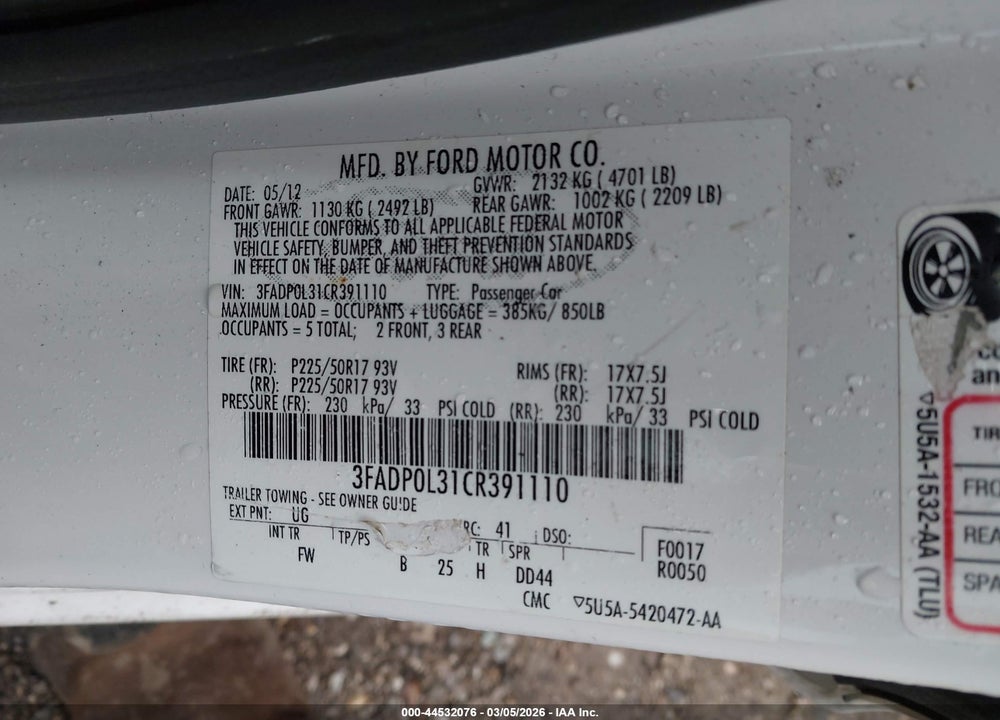 2012 FORD FUSION HYBRID VIN: 3FADP0L31CR391110