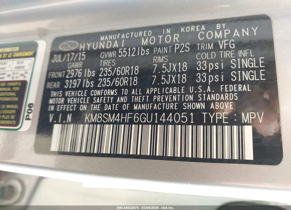 2016 HYUNDAI SANTA FE SE VIN: KM8SM4HF6GU144051