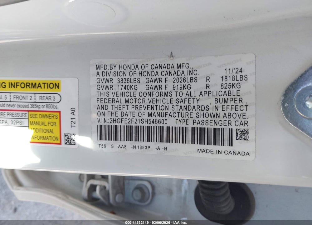 2025 HONDA CIVIC LX VIN: 2HGFE2F21SH546600