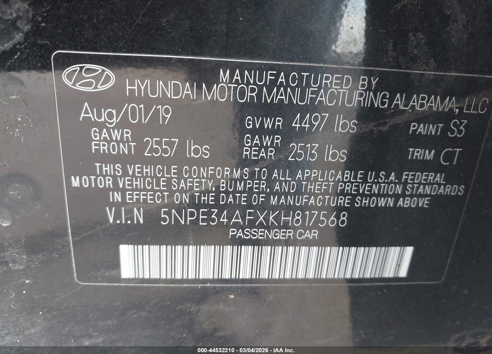 2019 HYUNDAI SONATA SEL VIN: 5NPE34AFXKH817568
