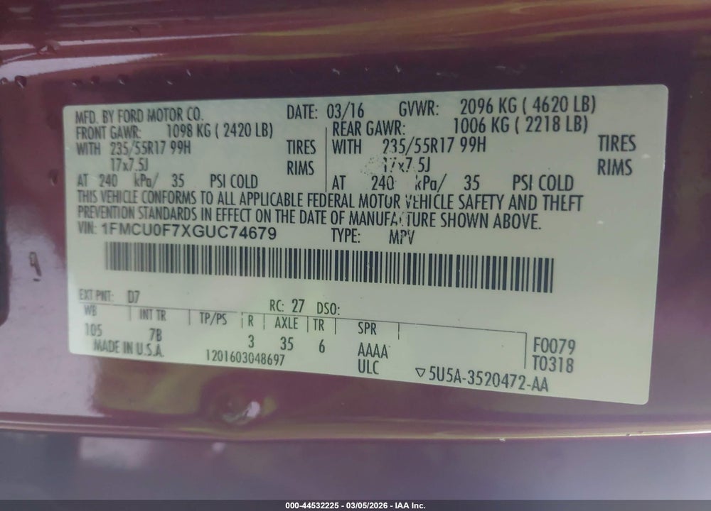2016 FORD ESCAPE S VIN: 1FMCU0F7XGUC74679