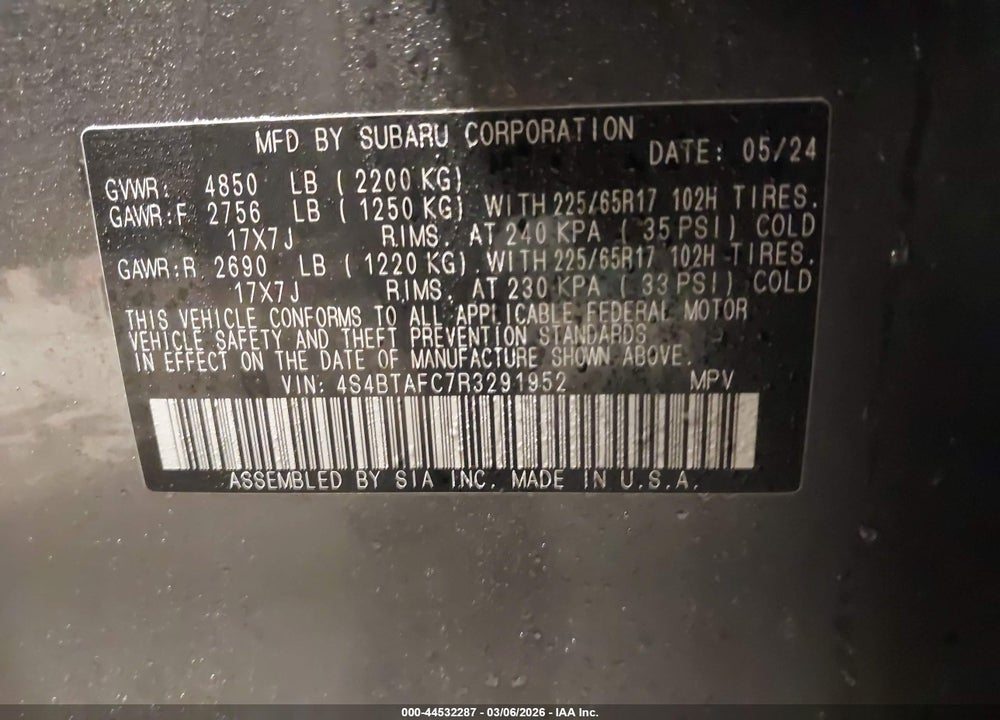 2024 SUBARU OUTBACK PREMIUM VIN: 4S4BTAFC7R3291952