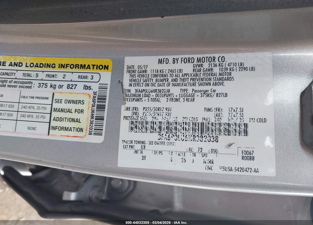 2017 FORD FUSION HYBRID SE VIN: 3FA6P0LU6HR382038
