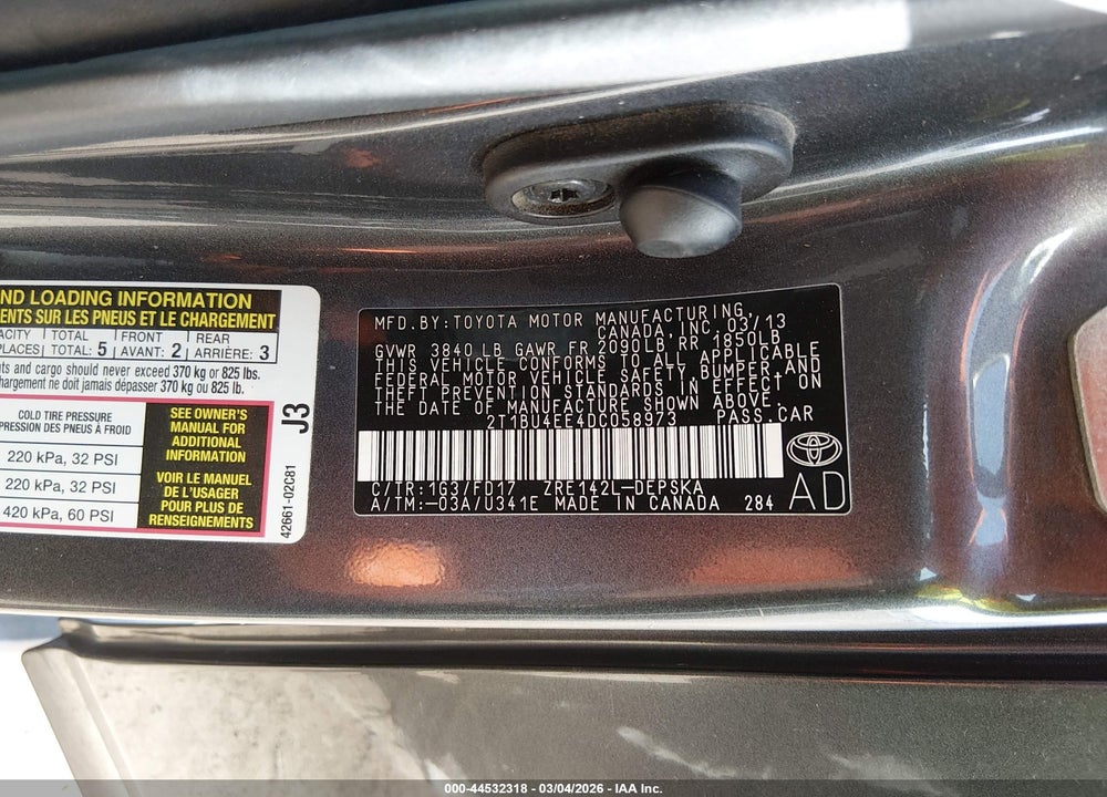 2013 TOYOTA COROLLA S VIN: 2T1BU4EE4DC058973