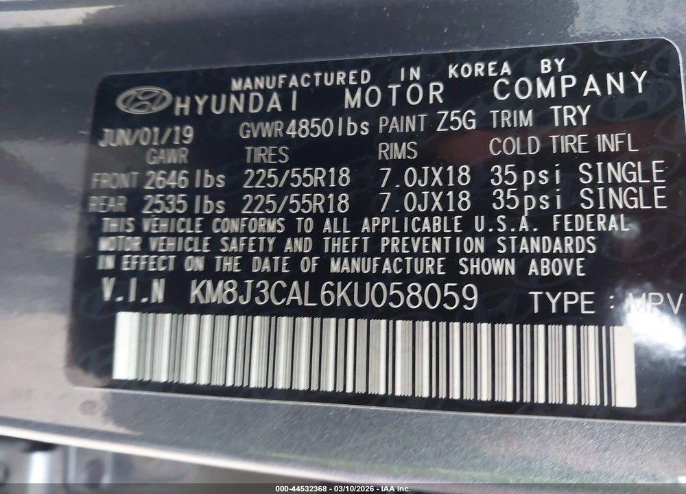 2019 HYUNDAI TUCSON SEL VIN: KM8J3CAL6KU058059