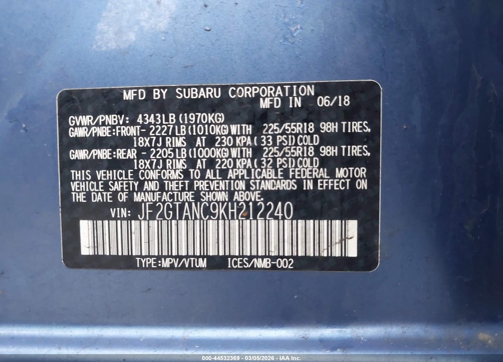 2019 SUBARU CROSSTREK 2.0I LIMITED VIN: JF2GTANC9KH212240