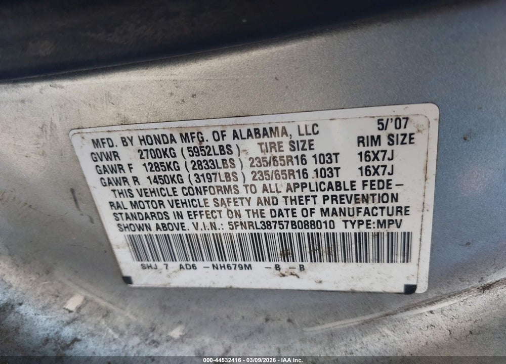 2007 HONDA ODYSSEY EX-L VIN: 5FNRL38757B088010