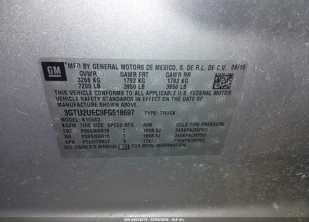 2015 GMC SIERRA 1500 SLE VIN: 3GTU2UEC9FG518697
