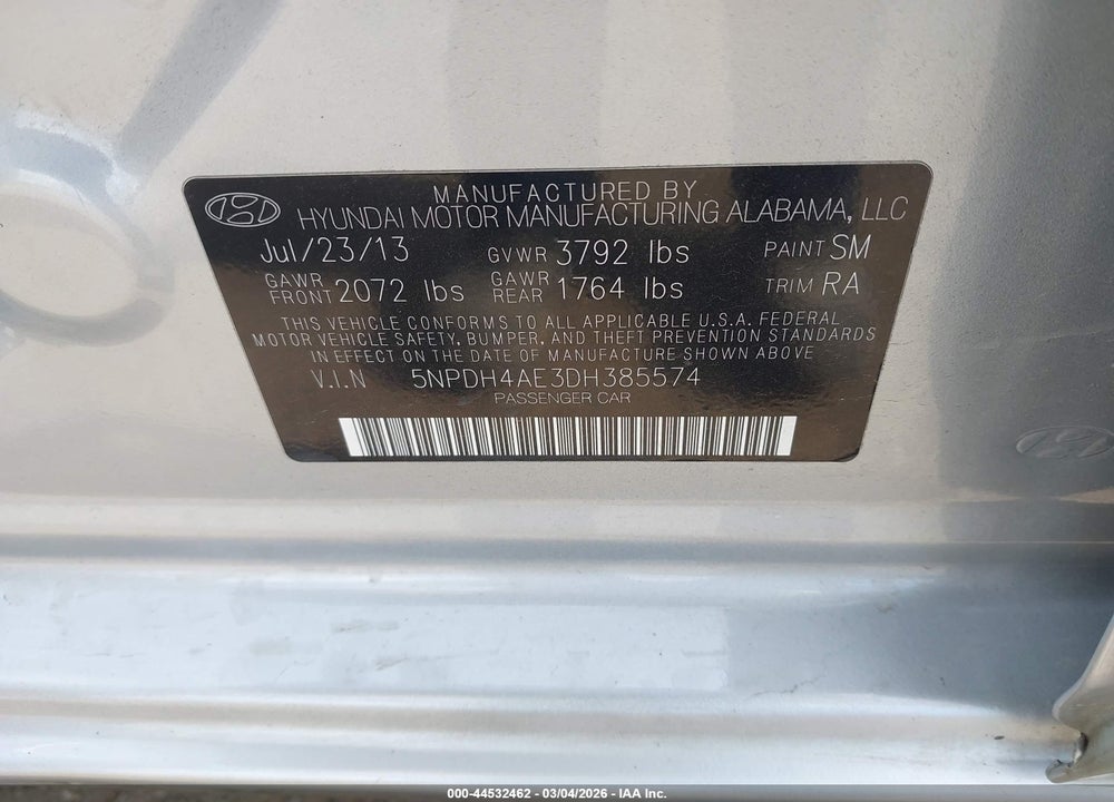 2013 HYUNDAI ELANTRA GLS VIN: 5NPDH4AE3DH385574