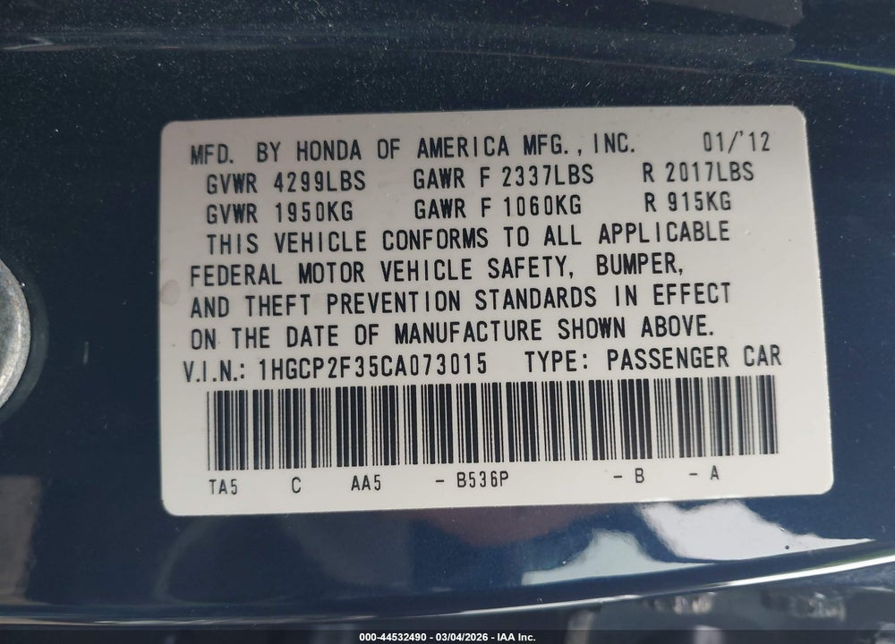 2012 HONDA ACCORD 2.4 LX VIN: 1HGCP2F35CA073015
