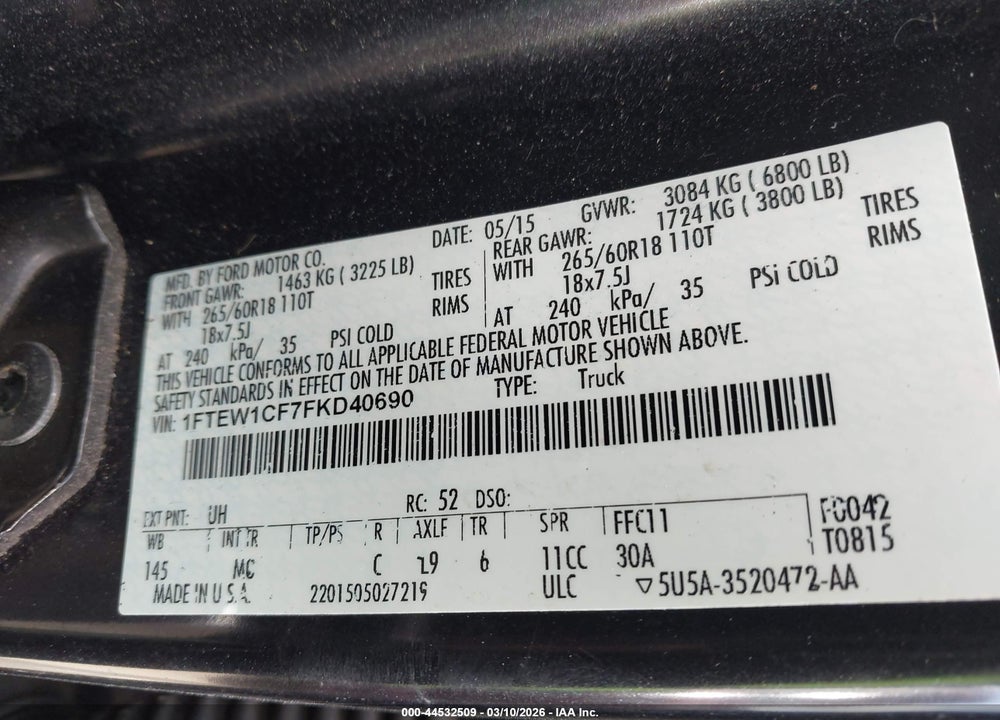 2015 FORD F-150 XLT VIN: 1FTEW1CF7FKD40690