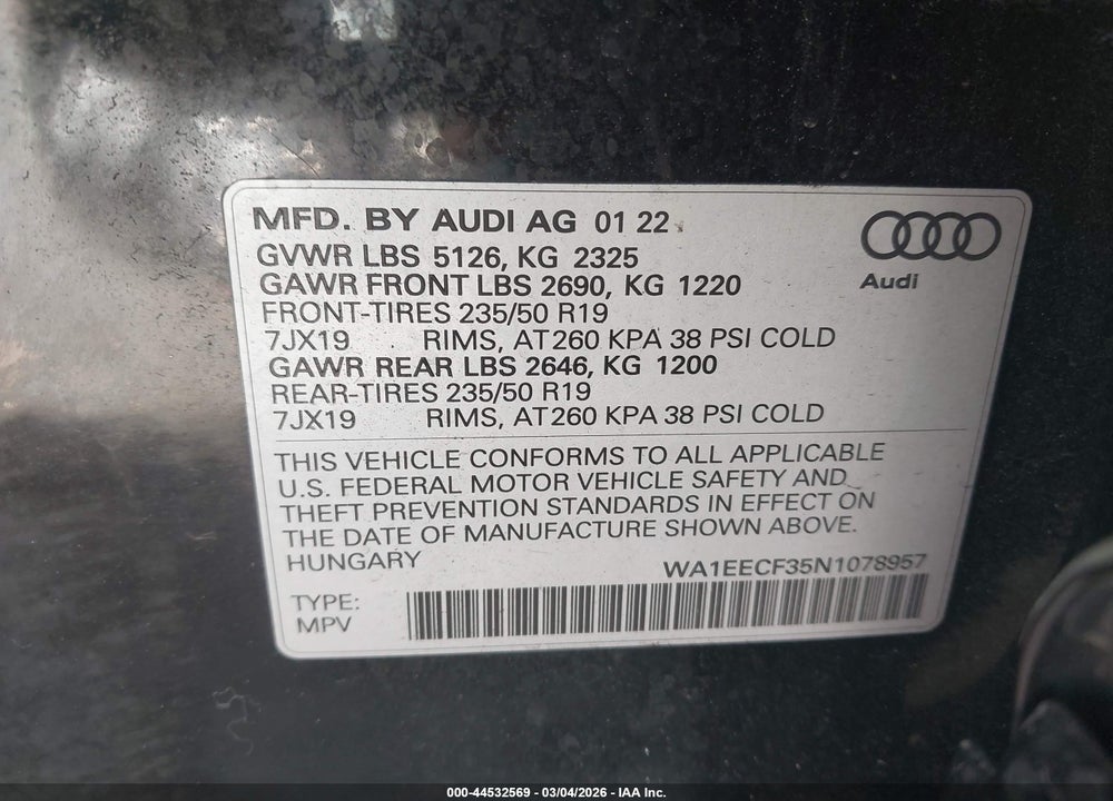 2022 AUDI Q3 PREMIUM PLUS 45 TFSI S LINE QUATTRO TIPTRONIC VIN: WA1EECF35N1078957