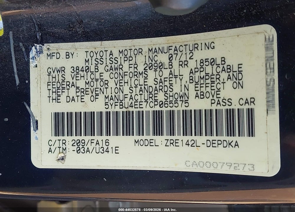 2012 TOYOTA COROLLA L VIN: 5YFBU4EE7CP065575