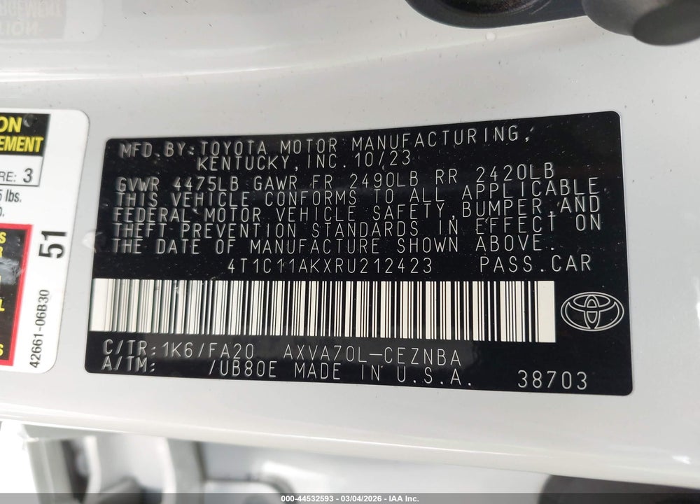 2024 TOYOTA CAMRY LE VIN: 4T1C11AKXRU212423