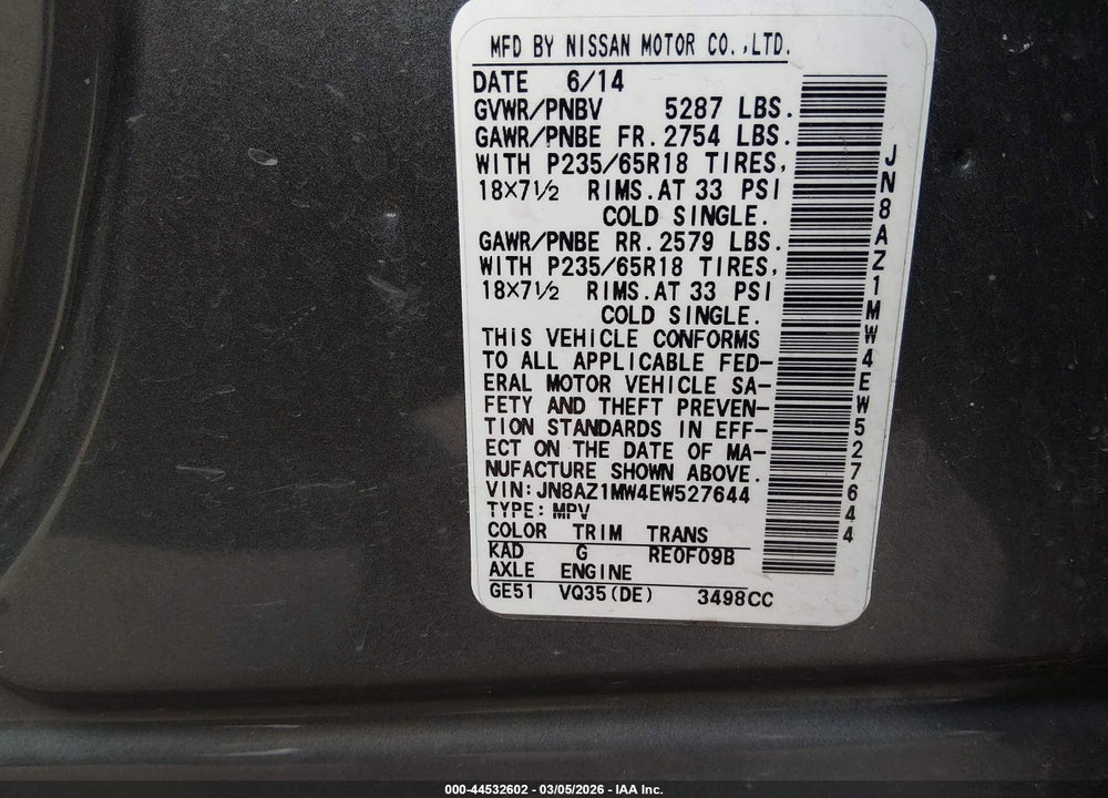 2014 NISSAN MURANO SL VIN: JN8AZ1MW4EW527644