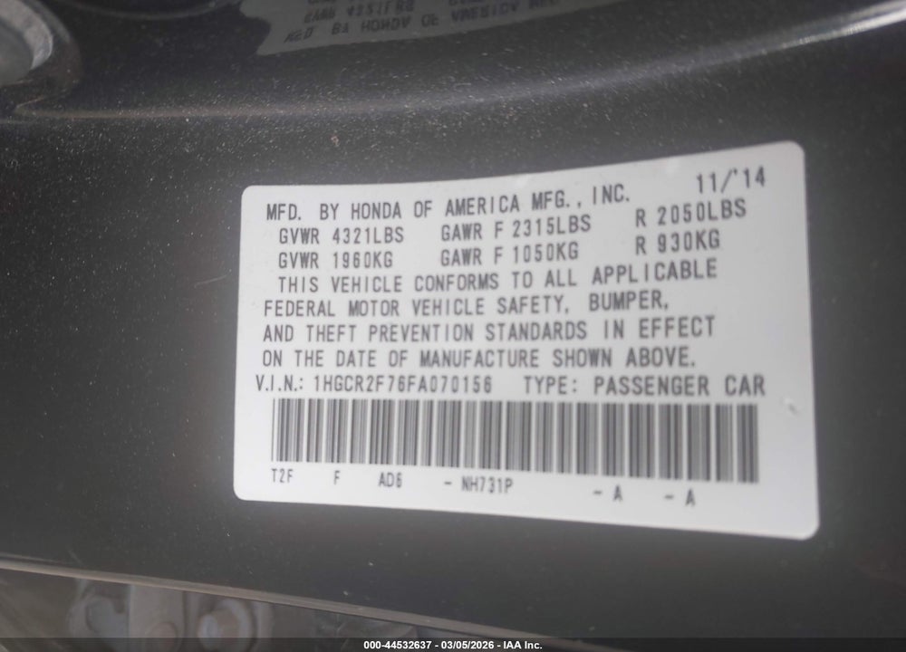 2015 HONDA ACCORD EX VIN: 1HGCR2F76FA070156
