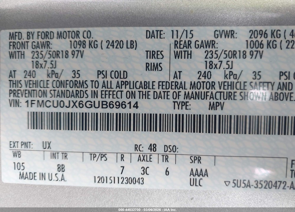 2016 FORD ESCAPE TITANIUM VIN: 1FMCU0JX6GUB69614