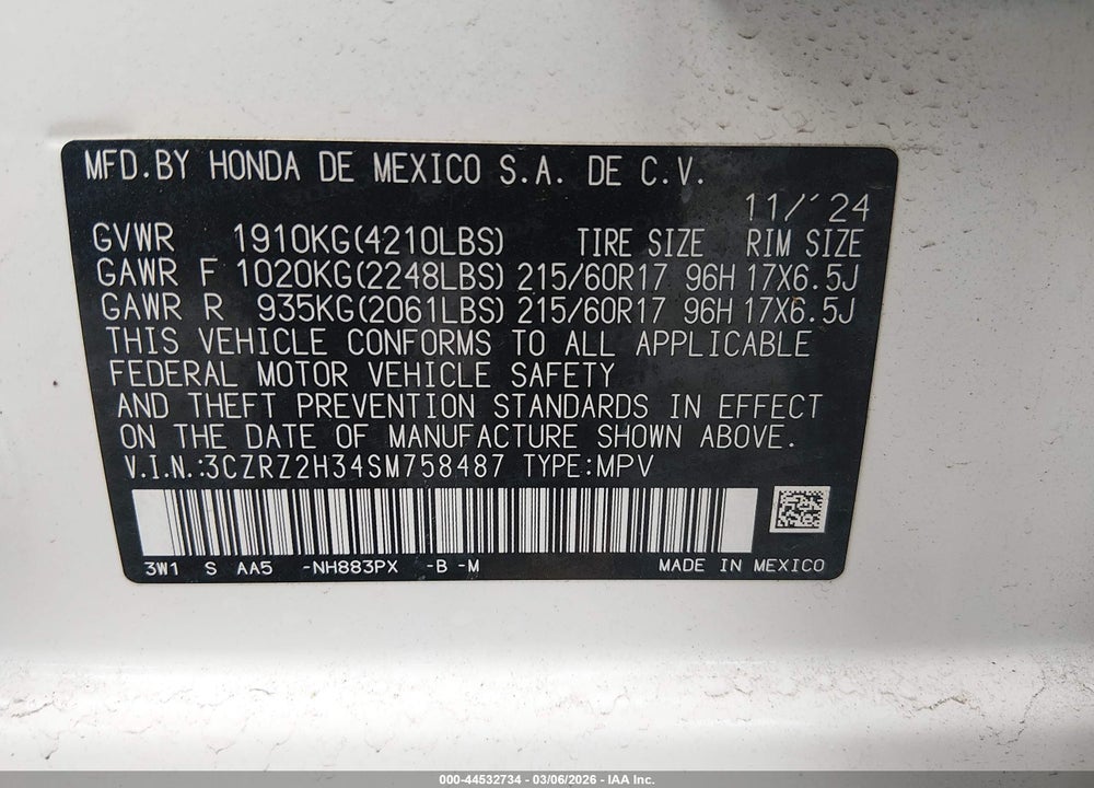 2025 HONDA HR-V AWD LX VIN: 3CZRZ2H34SM758487