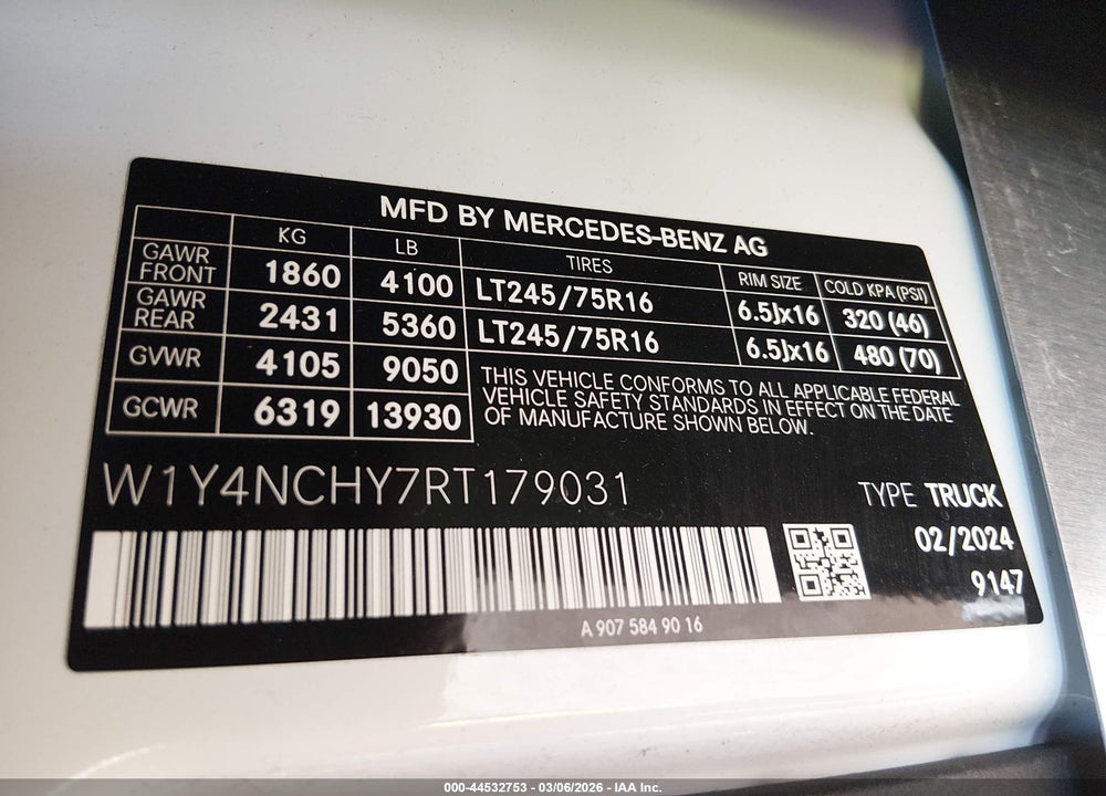 2024 MERCEDES-BENZ SPRINTER 2500 HIGH ROOF 4-CYL DIESEL HO VIN: W1Y4NCHY7RT179031
