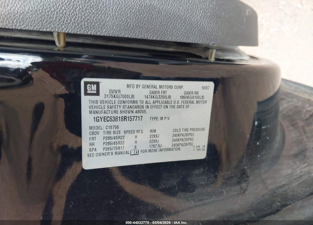 2008 CADILLAC ESCALADE STANDARD VIN: 1GYEC63818R157717