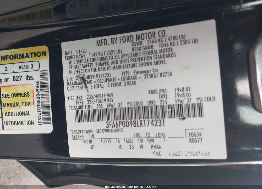 2020 FORD FUSION TITANIUM VIN: 3FA6P0D98LR174231