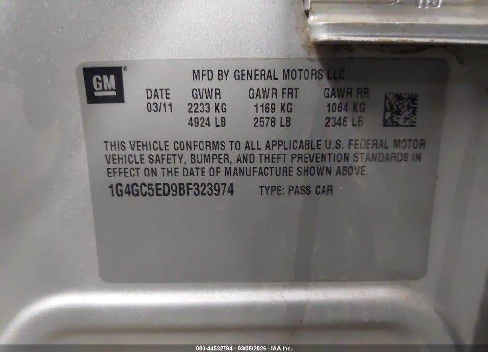 2011 BUICK LACROSSE CXL VIN: 1G4GC5ED9BF323974