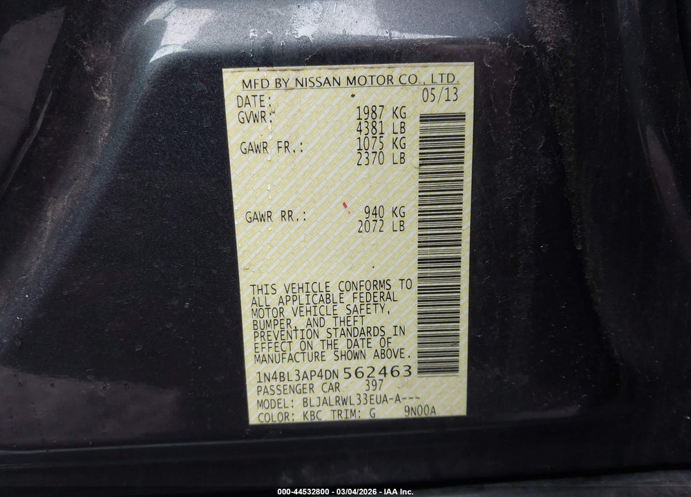 2013 NISSAN ALTIMA 3.5 S VIN: 1N4BL3AP4DN562463