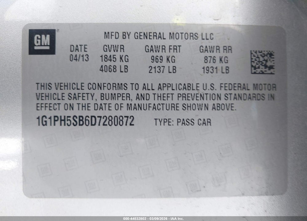 2013 CHEVROLET CRUZE ECO AUTO VIN: 1G1PH5SB6D7280872