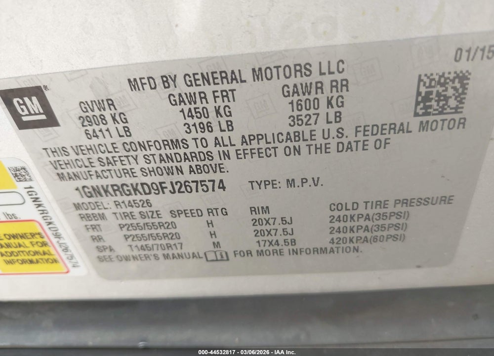 2015 CHEVROLET TRAVERSE 1LT VIN: 1GNKRGKD9FJ267574